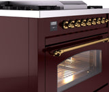 Nostalgie II 36 Inch Dual Fuel Natural Gas Freestanding Range in Burgundy with Brass Trim