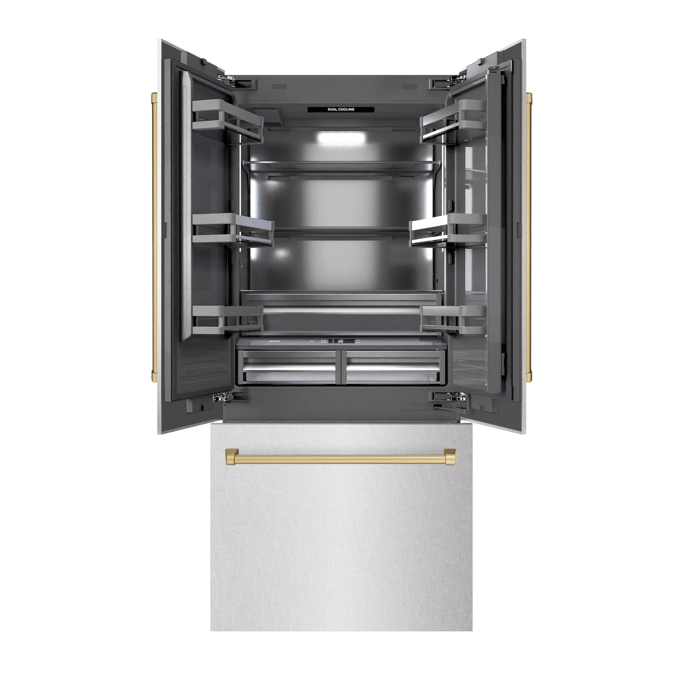 ZLINE Autograph Edition 36 in. 19.6 cu. ft. French Door Built-In Bottom Freezer Refrigerator with Water Dispenser and Ice Maker in DuraSnow' Stainless Steel with Graphite Gray Interior and Champagne Bronze Accents (GRBIVZ-SN-36-CB)