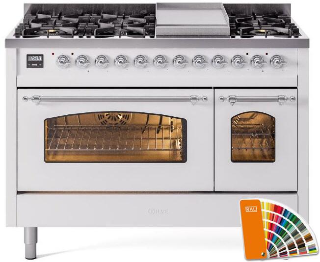 Nostalgie II 48 Inch Dual Fuel Liquid Propane Freestanding Range in RAL Custom Color with Chrome Trim