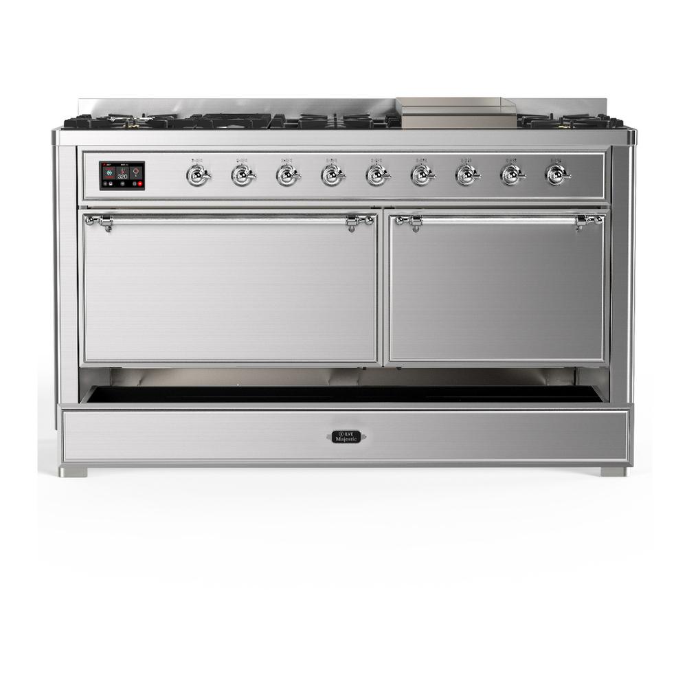 ILVE UM60FQNR3SSC Majestic III 60 inch Dual Fuel Range with 9 Burners and Griddle, Dual Function Burner up to 25,000 BTU (Natural Gas, Solid Door, Stainless Steel, Chrome)