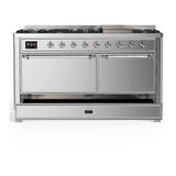 ILVE UM60FQNR3SSC Majestic III 60 inch Dual Fuel Range with 9 Burners and Griddle, Dual Function Burner up to 25,000 BTU (Natural Gas, Solid Door, Stainless Steel, Chrome)