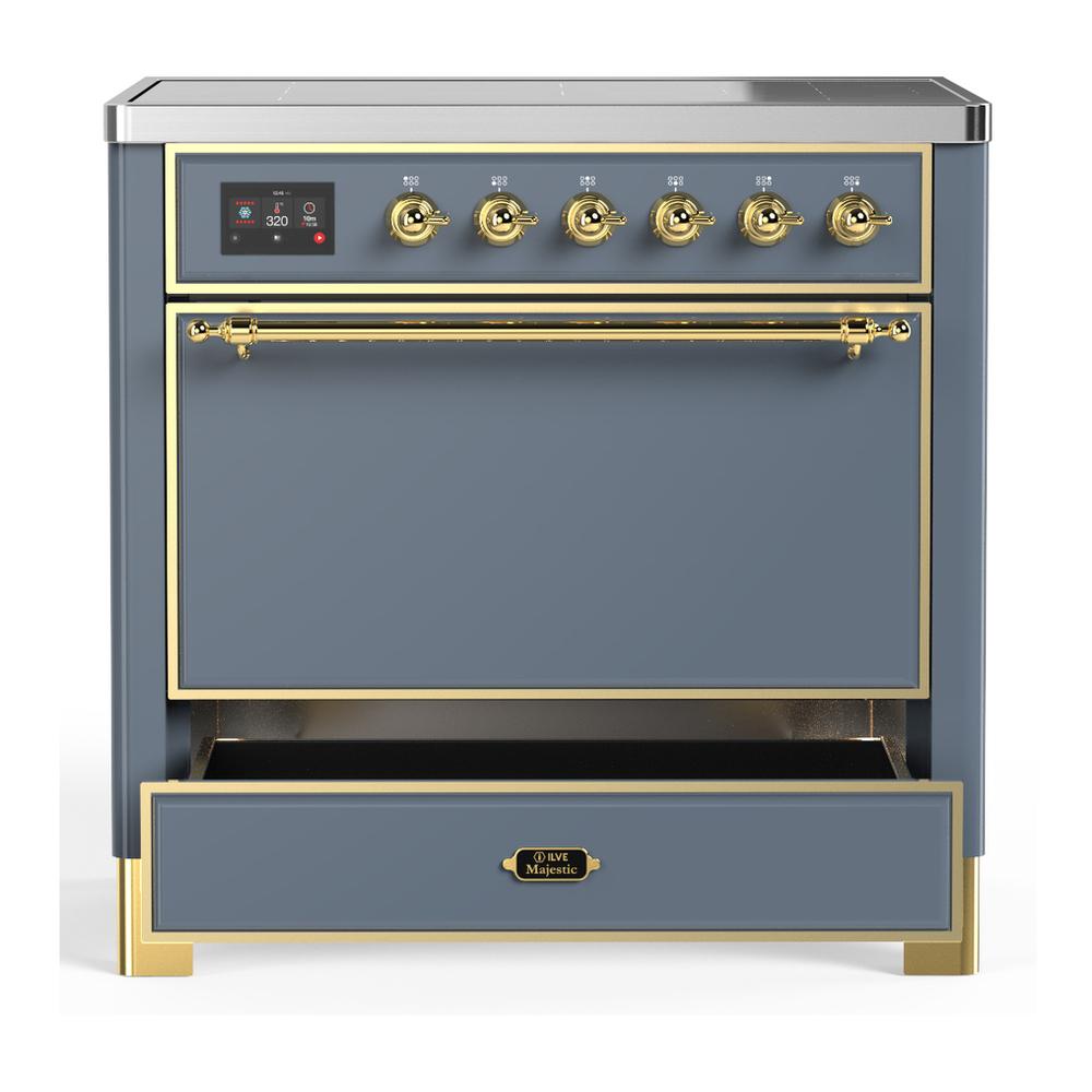 ILVE UMIB36QNR3BGG Majestic III 36 inch Induction Range with 6 Elements, 3.5 cu. ft. Total Oven Capacity (Solid Door, Blue Grey, Brass)