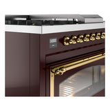 ILVE UN48FSNMPBUGLP Nostalgie II Noblesse 48 inch Dual Fuel Range (5 Sealed Burners + Griddle + French Top, Liquid Propane, Triple Glass Door, Burgundy, Brass)