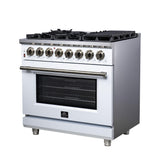 Forno Massimo 36 Inch Freestanding Dual Fuel Range in White with Antique Brass Accessories, 6 Burners, 5.36 cu. ft. Convection Oven