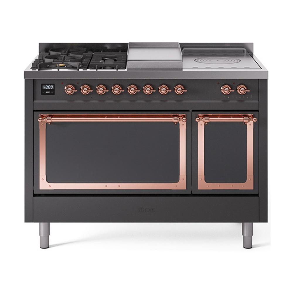 ILVE UN48FSQNMPMGP Nostalgie II Noblesse 48 inch Dual Fuel Range (5 Sealed Burners + Griddle + French Top, Natural Gas, Solid Door, Graphite Matte, Copper)