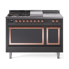 ILVE UN48FSQNMPMGP Nostalgie II Noblesse 48 inch Dual Fuel Range (5 Sealed Burners + Griddle + French Top, Natural Gas, Solid Door, Graphite Matte, Copper)
