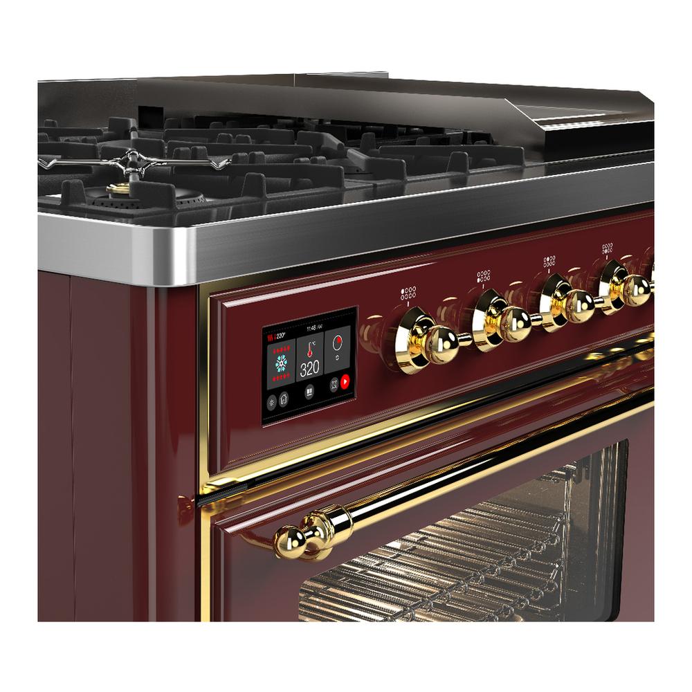 ILVE UM48FNR3BUGLP Majestic III 48 inch Dual Fuel Range with 8 Burners and Griddle, Dual Function Burner up to 25,000 BTU (Liquid Propane, Triple Glass Door, Burgundy, Brass)