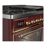 ILVE UM48FNR3BUGLP Majestic III 48 inch Dual Fuel Range with 8 Burners and Griddle, Dual Function Burner up to 25,000 BTU (Liquid Propane, Triple Glass Door, Burgundy, Brass)
