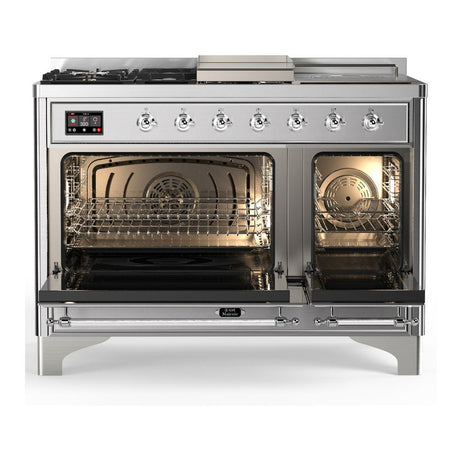 ILVE UM48FSNR3SSC Majestic III 48 inch Dual Fuel Range with 5 Black Brass Burners, Griddle and French Top, Dual Function Burner up to 25,000 BTU (Natural Gas, Triple Glass Door, Stainless Steel, Chrome)