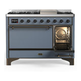 ILVE UM48FQNR3BGBLP Majestic III 48 inch Dual Fuel Range with 8 Burners and Griddle, Dual Function Burner up to 25,000 BTU (Liquid Propane, Solid Door, Blue Grey, Burnished)