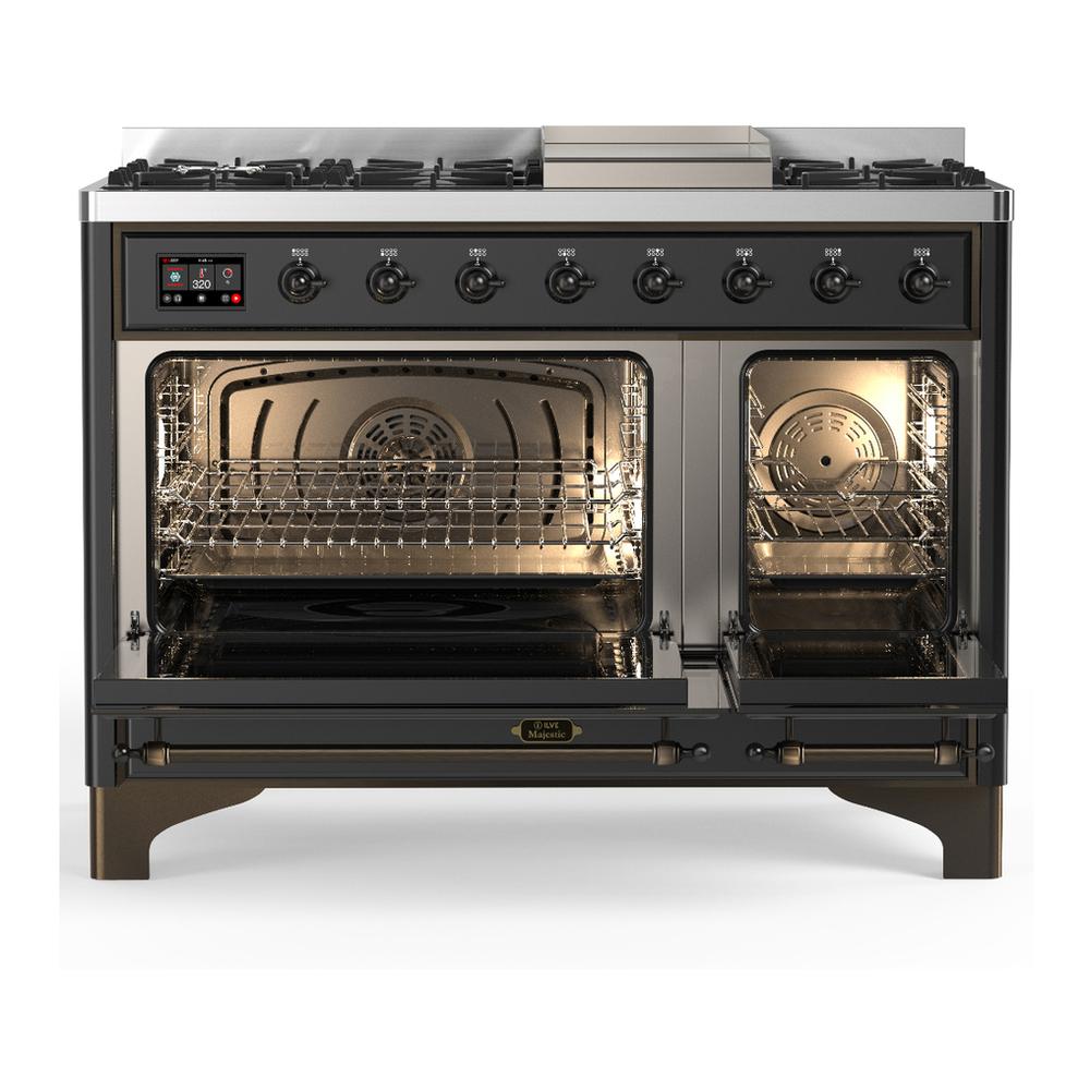 ILVE UM48FNR3MGBLP Majestic III 48 inch Dual Fuel Range with 8 Burners and Griddle, Dual Function Burner up to 25,000 BTU (Liquid Propane, Triple Glass Door, Graphite Matte, Burnished)