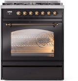 Nostalgie II 30 Inch Dual Fuel Liquid Propane Freestanding Range in Glossy Black with Bronze Trim
