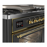 ILVE UM60FSNR3MGGLP Majestic III 60 inch Dual Fuel Range with 7 Burners, Griddle and French Top, Dual Function Burner with up to 25,000 BTU (Liquid Propane, Triple Glass Door, Graphite Matte, Brass)