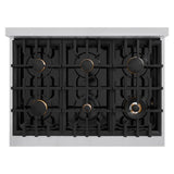 ZLINE Autograph Edition 36 in. 5.2 cu. ft. Classic Dual Fuel Range with 6 Burner Gas Cooktop and Electric Convection Oven in Stainless Steel with Black Matte Door and Champagne Bronze Accents (CDRZ-BLM-36-CB)