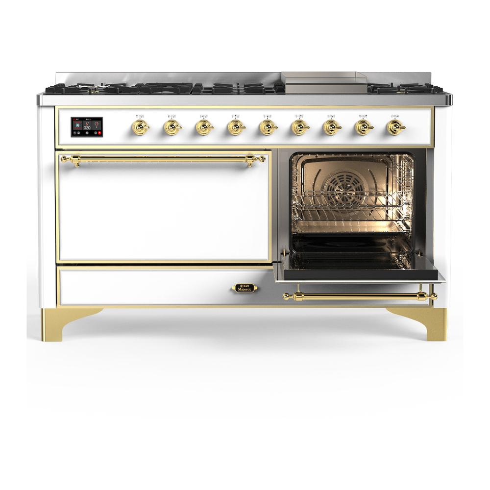 ILVE UM60FQNR3WHGLP Majestic III 60 inch Dual Fuel Range with 9 Burners and Griddle, Dual Function Burner up to 25,000 BTU (Liquid Propane, Solid Door, White, Brass)