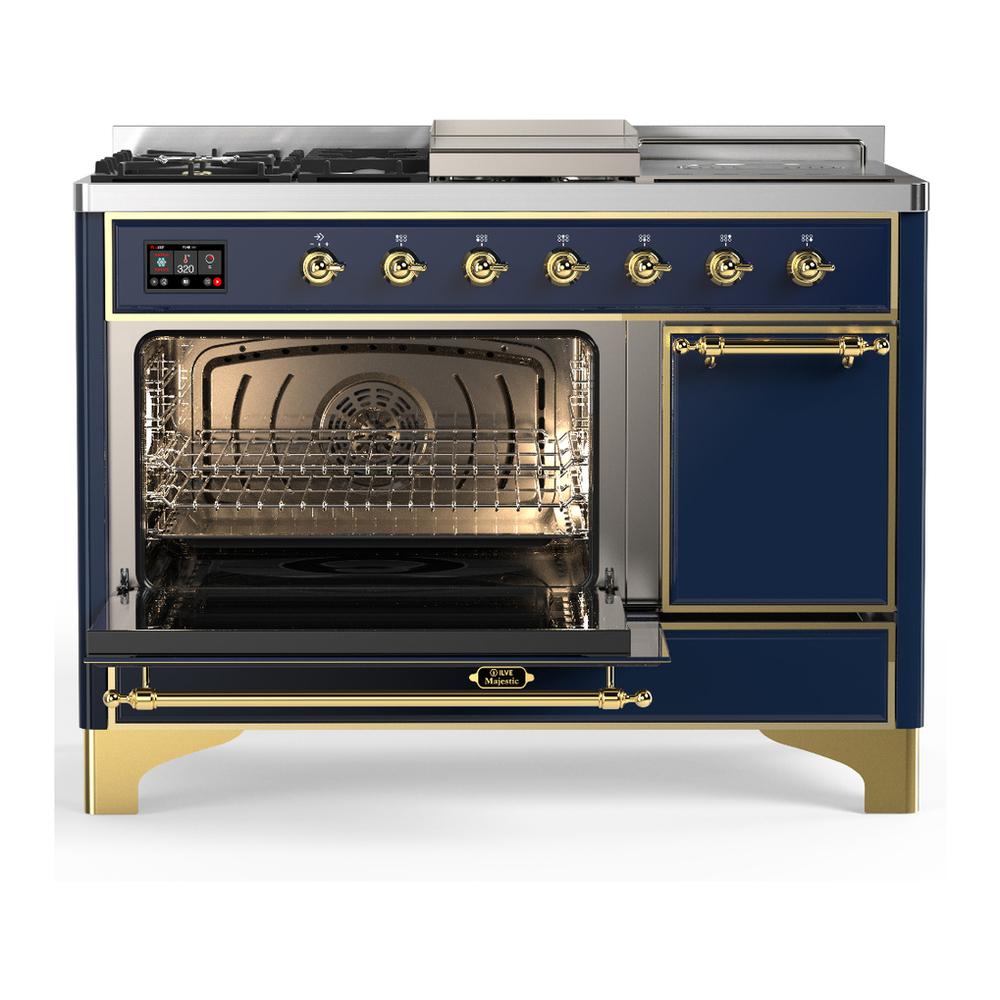 ILVE UM48FSQNR3MBG Majestic III 48 inch Dual Fuel Range with 5 Black Brass Burners, Griddle and French Top, Dual Function Burner up to 25,000 BTU (Natural Gas, Solid Door, Midnight Blue, Brass)