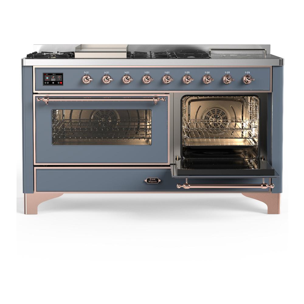 ILVE UM60FSNR3BGPLP Majestic III 60 inch Dual Fuel Range with 7 Burners, Griddle and French Top, Dual Function Burner with up to 25,000 BTU (Liquid Propane, Triple Glass Door, Blue Grey, Copper)
