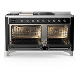 ILVE UM60FSQNR3BKC Majestic III 60 inch Dual Fuel Range with 7 Burners, Griddle and French Top, Dual Function Burner with up to 25,000 BTU (Natural Gas, Solid Door, Glossy Black, Chrome)