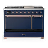 ILVE UM48FQNR3MBPLP Majestic III 48 inch Dual Fuel Range with 8 Burners and Griddle, Dual Function Burner up to 25,000 BTU (Liquid Propane, Solid Door, Midnight Blue, Copper)