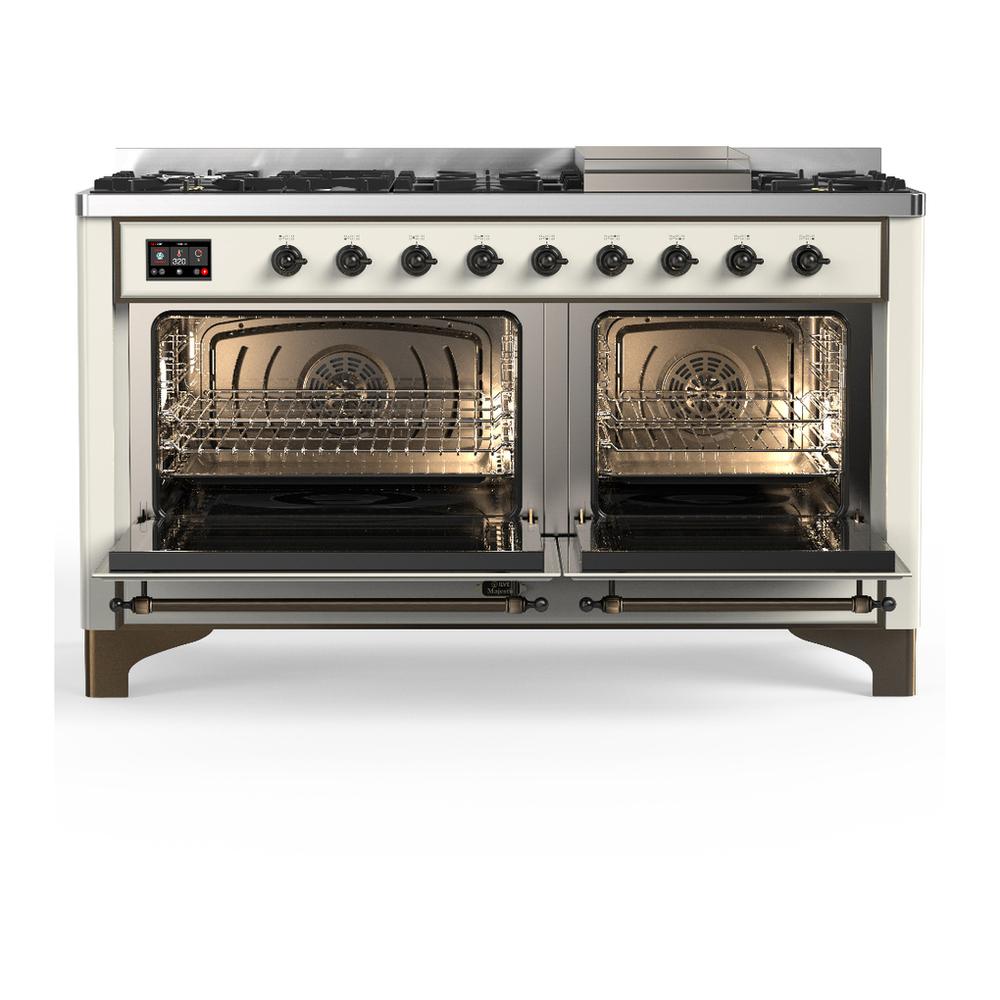 ILVE UM60FNR3AWB Majestic III 60 inch Dual Fuel Range with 9 Burners and Griddle, Dual Function Burner up to 25,000 BTU (Natural Gas, Triple Glass Door, Antique White, Burnished)
