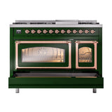 ILVE UN48FNMPEGP Nostalgie II Noblesse 48 inch Dual Fuel Range (8 Sealed Burners + Griddle, Natural Gas, Triple Glass Door, Emerald Green, Copper)