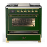ILVE UM36FNR3EGG Majestic III 36 inch Dual Fuel Range with 6 Black Brass Burners and Griddle, Dual Function Burner up to 25,000 BTU (Triple Glass Door, Emerald Green, Brass, Natural Gas)