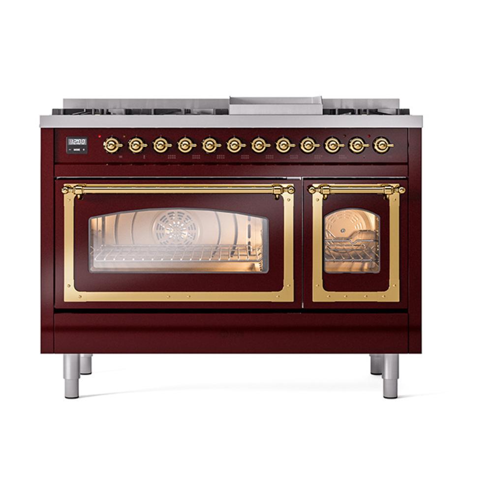 ILVE UN48FNMPBUG Nostalgie II Noblesse 48 inch Dual Fuel Range (8 Sealed Burners + Griddle, Natural Gas, Triple Glass Door, Burgundy, Brass)