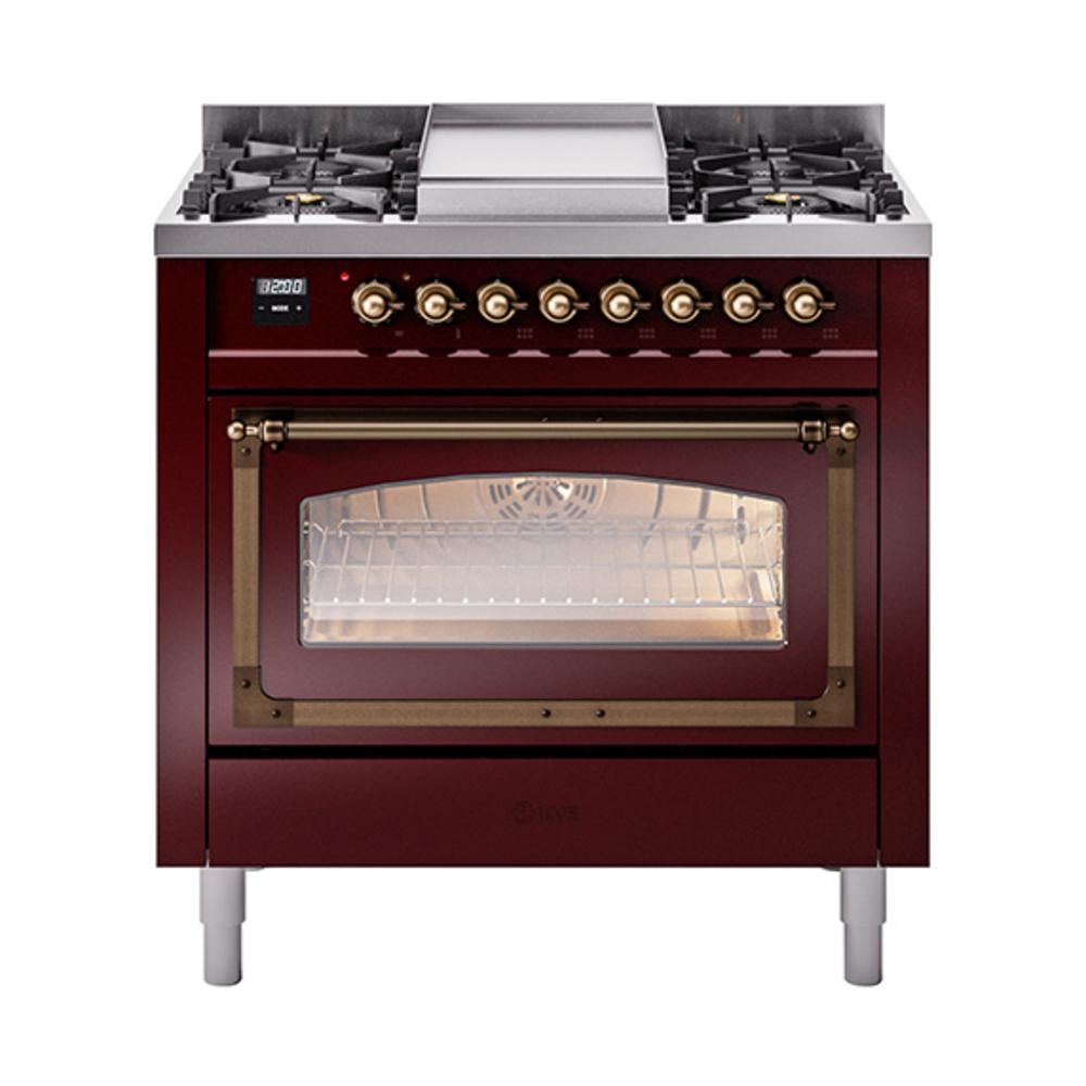 ILVE UN36FNMPBUB Nostalgie II Noblesse 36 inch Dual Fuel Range (Natural Gas, Triple Glass Door, Burgundy, Burnished)