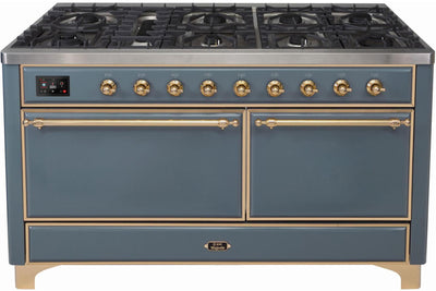 Majestic II 60 Inch Dual Fuel Natural Gas Freestanding Range in Blue Grey with Brass Trim