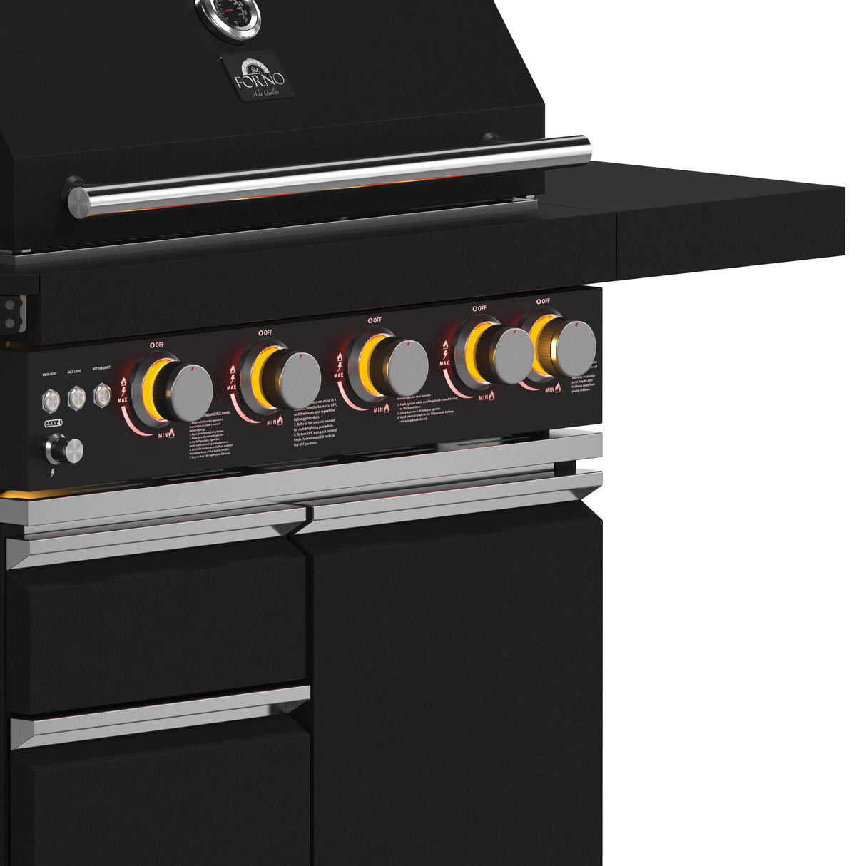 Forno All Aperto 62,600 BTU BBQ, 3 Stainless Steel Burners, Infrared Burners, Sink Module, Black Sintered Stone Countertops, Bar and Beverage Center