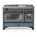 ILVE UM48FNR3BGB Majestic III 48 inch Dual Fuel Range with 8 Burners and Griddle, Dual Function Burner up to 25,000 BTU (Natural Gas, Triple Glass Door, Blue Grey, Burnished)