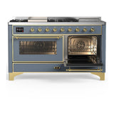ILVE UM60FSNR3BGG Majestic III 60 inch Dual Fuel Range with 7 Burners, Griddle and French Top, Dual Function Burner with up to 25,000 BTU (Natural Gas, Triple Glass Door, Blue Grey, Brass)