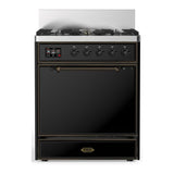 ILVE UM30QNR3BKBLP Majestic III 30 inch Dual Fuel Range with 5 Black Brass Burners, Dual Function Burner up to 25,000 BTU (Liquid Propane, Solid Door, Glossy Black, Burnished)