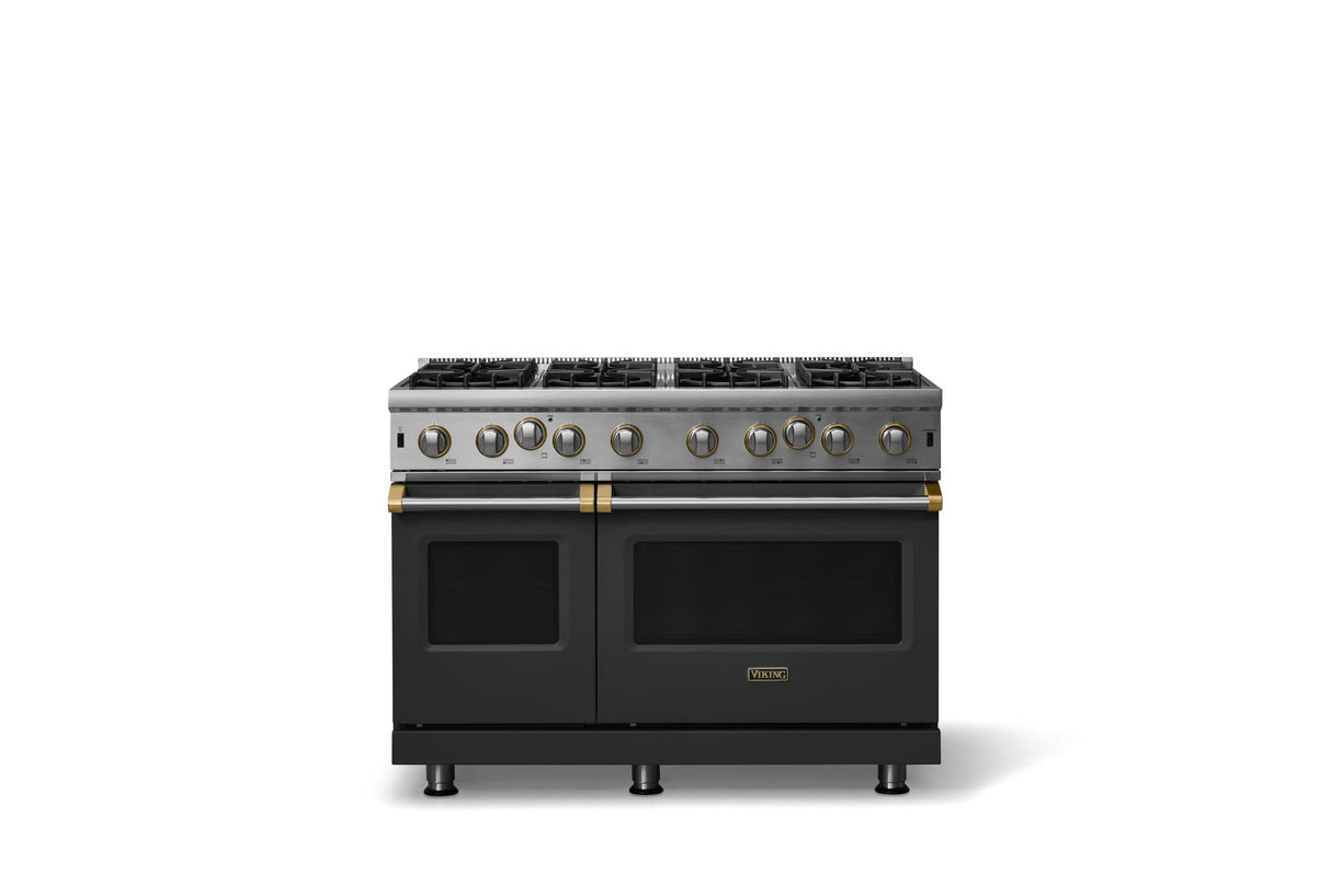 48"W. Open Burner Gas Range (Finish: Antique Bronze, Trim: Brushed Brass, Fuel: Natural Gas)