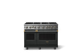 48"W. Open Burner Gas Range (Finish: Antique Bronze, Trim: Brushed Brass, Fuel: Natural Gas)