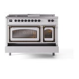 ILVE UN48FSNMPWHB Nostalgie II Noblesse 48 inch Dual Fuel Range (5 Sealed Burners + Griddle + French Top, Natural Gas, Triple Glass Door, White, Burnished)