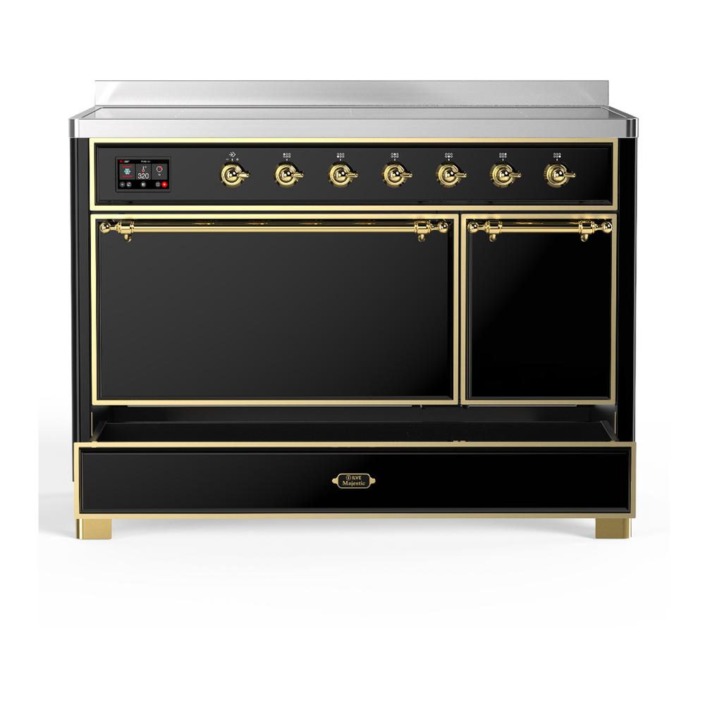 ILVE UMIB48QNR3BKG Majestic III 48 inch Induction Range with 6 Elements, 5.02 cu. ft. Total Oven Capacity (Solid Door, Glossy Black, Brass)