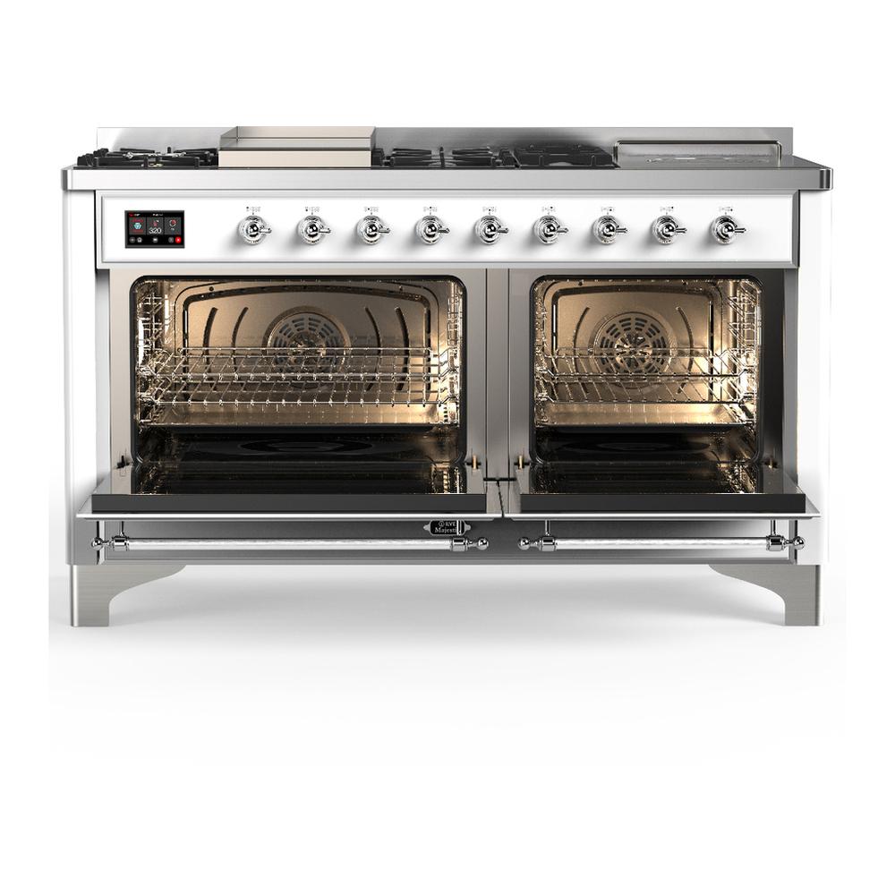 ILVE UM60FSNR3WHC Majestic III 60 inch Dual Fuel Range with 7 Burners, Griddle and French Top, Dual Function Burner with up to 25,000 BTU (Natural Gas, Triple Glass Door, White, Chrome)