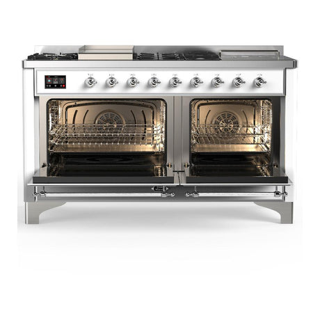 ILVE UM60FSNR3WHC Majestic III 60 inch Dual Fuel Range with 7 Burners, Griddle and French Top, Dual Function Burner with up to 25,000 BTU (Natural Gas, Triple Glass Door, White, Chrome)