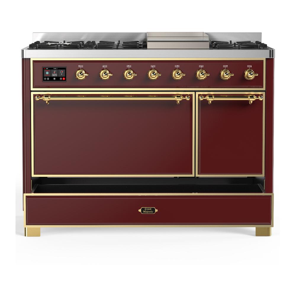 ILVE UM48FQNR3BUG Majestic III 48 inch Dual Fuel Range with 8 Burners and Griddle, Dual Function Burner up to 25,000 BTU (Natural Gas, Solid Door, Burgundy, Brass)