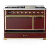 ILVE UM48FQNR3BUG Majestic III 48 inch Dual Fuel Range with 8 Burners and Griddle, Dual Function Burner up to 25,000 BTU (Natural Gas, Solid Door, Burgundy, Brass)