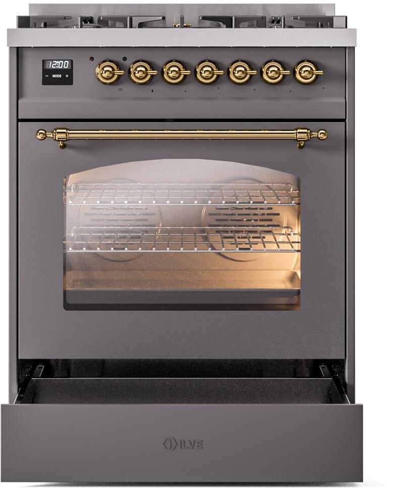 Nostalgie II 30 Inch Dual Fuel Liquid Propane Freestanding Range in Matte Graphite with Brass Trim