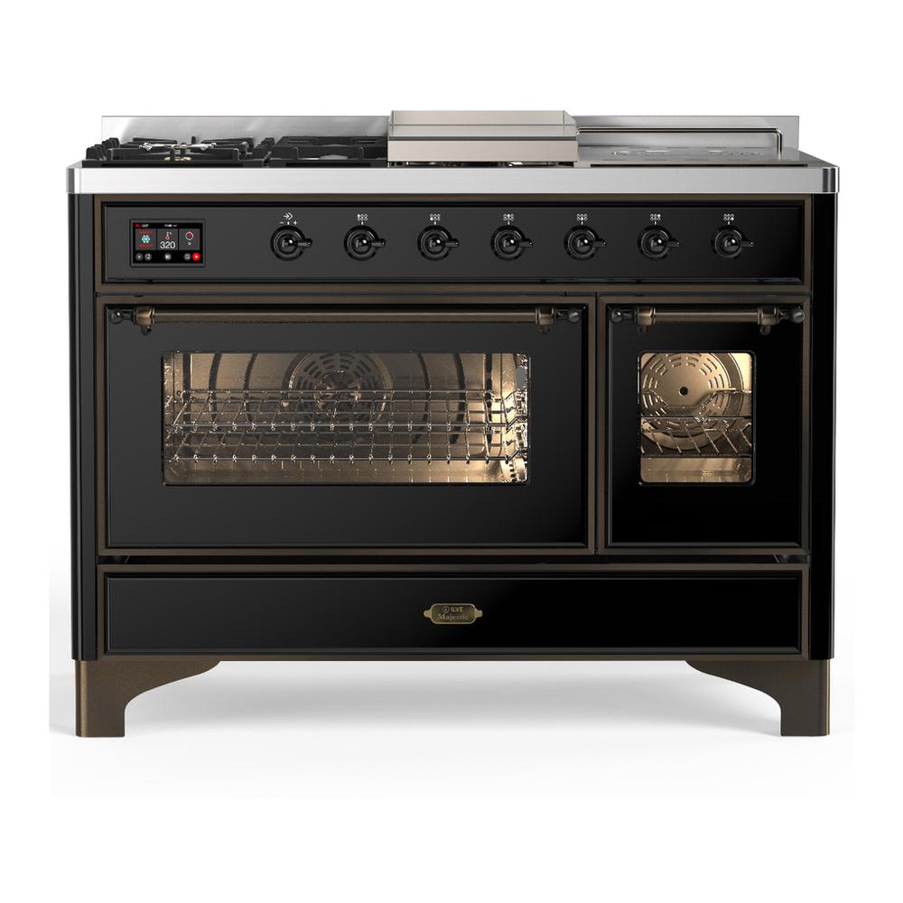ILVE UM48FSNR3BKBLP Majestic III 48 inch Dual Fuel Range with 5 Black Brass Burners, Griddle and French Top, Dual Function Burner up to 25,000 BTU (Liquid Propane, Triple Glass Door, Glossy Black, Burnished)