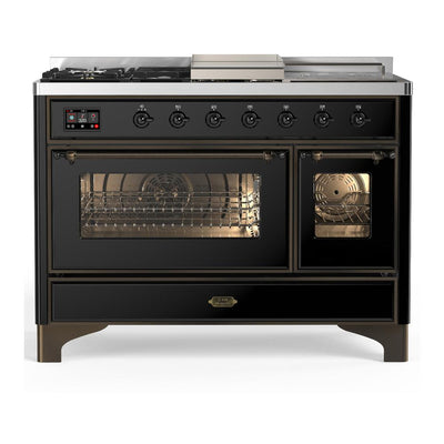 ILVE UM48FSNR3BKBLP Majestic III 48 inch Dual Fuel Range with 5 Black Brass Burners, Griddle and French Top, Dual Function Burner up to 25,000 BTU (Liquid Propane, Triple Glass Door, Glossy Black, Burnished)
