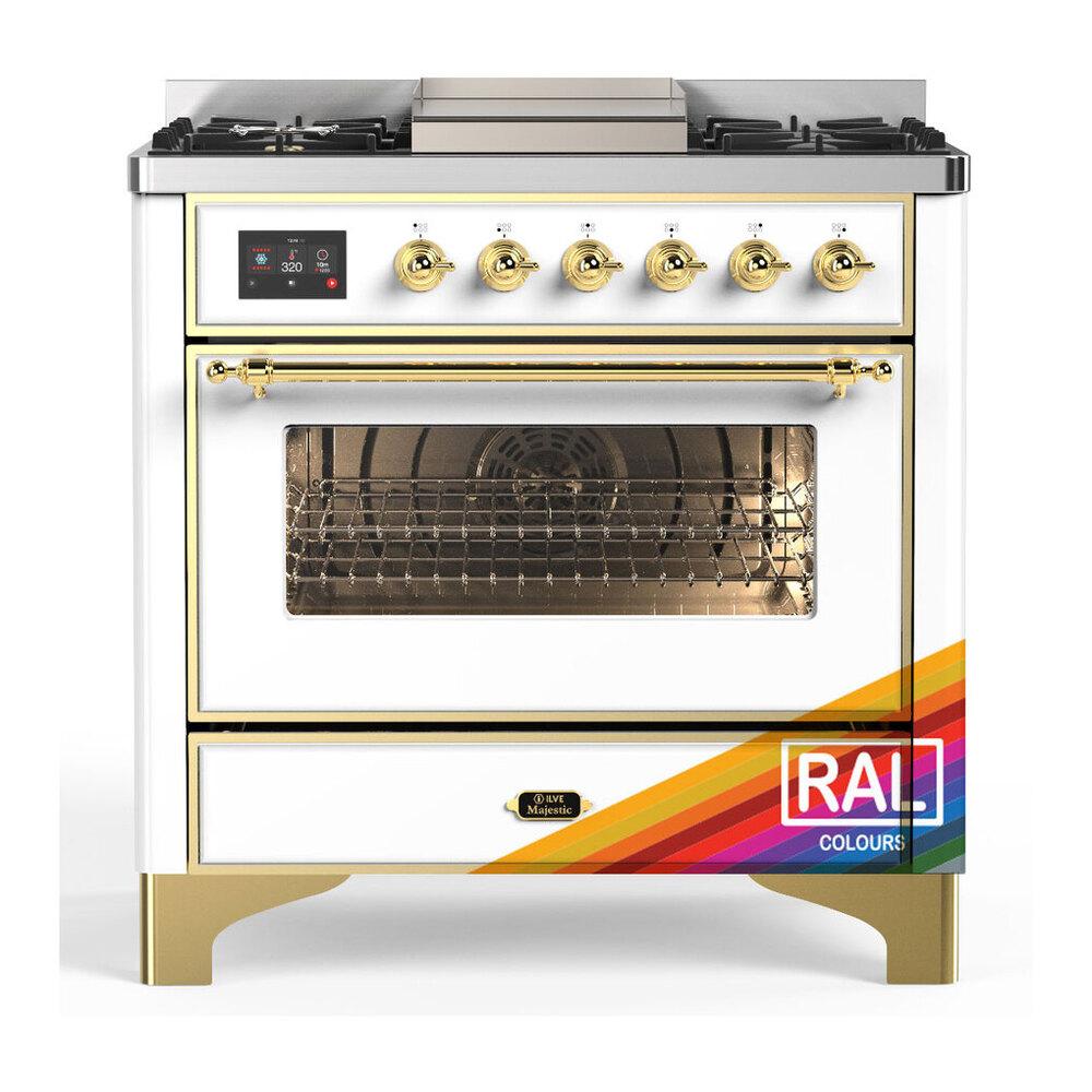 ILVE UM36FNR3RAGLP Majestic III 36 inch Dual Fuel Range with 6 Black Brass Burners and Griddle, Dual Function Burner up to 25,000 BTU (Triple Glass Door, RAL, Brass, Liquid Propane)