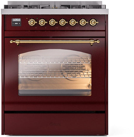 Nostalgie II 30 Inch Dual Fuel Liquid Propane Freestanding Range in Burgundy with Brass Trim