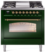 Nostalgie II 36 Inch Dual Fuel Liquid Propane Freestanding Range in Emerald Green with Brass Trim