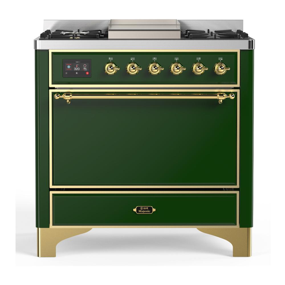 ILVE UM36FQNR3EGG Majestic III 36 inch Dual Fuel Range with 6 Black Brass Burners and Griddle, Dual Function Burner up to 25,000 BTU (Solid Door, Emerald Green, Brass, Natural Gas)