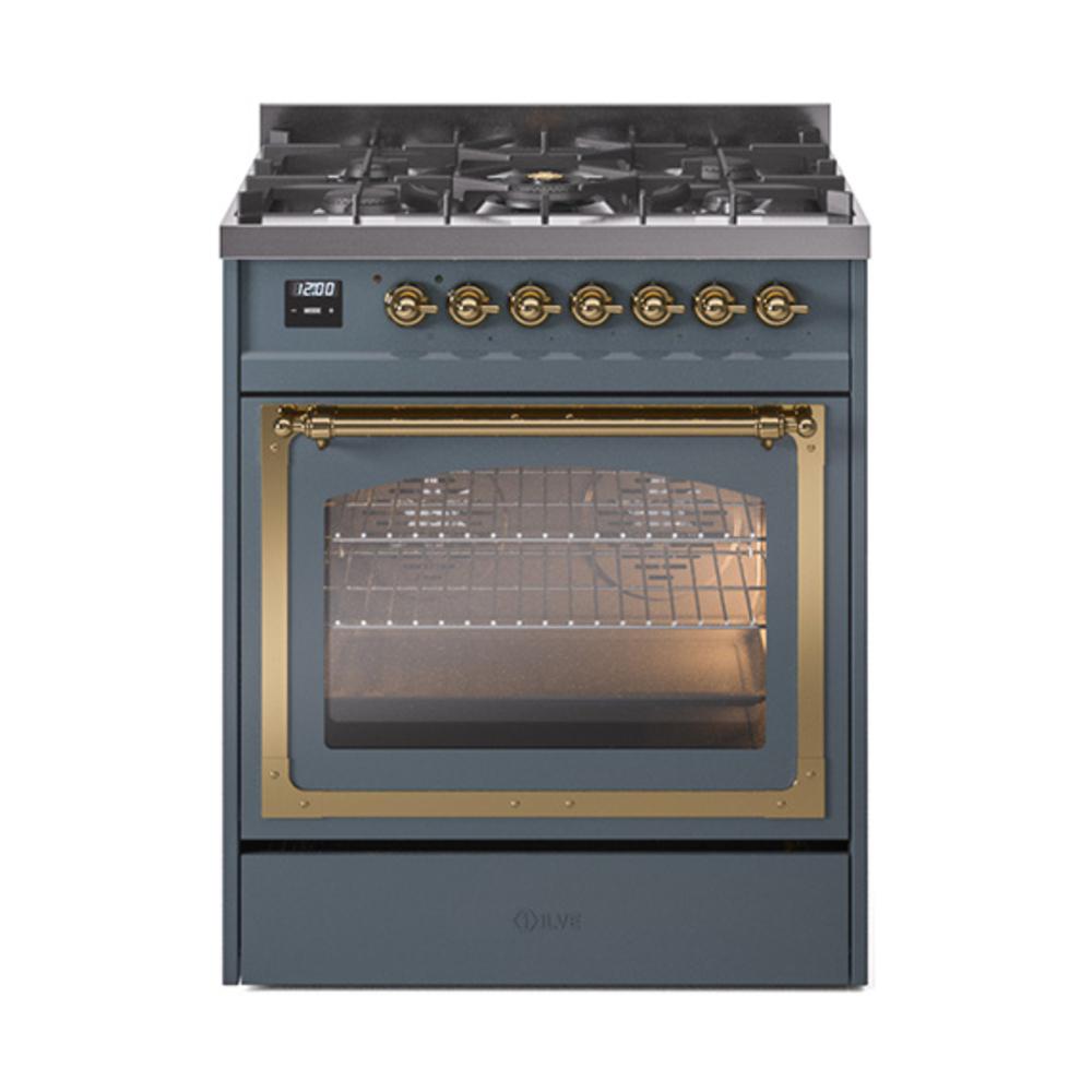 ILVE UN30NMPBGGLP Nostalgie II Noblesse 30 inch Dual Fuel Range (Liquid Propane, Triple Glass Door, Blue Grey, Brass)