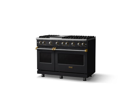 48"W. Sealed Burner Gas Range (Burner: 6g, Finish: Onyx, Trim: Brushed Brass, Fuel: Natural Gas)